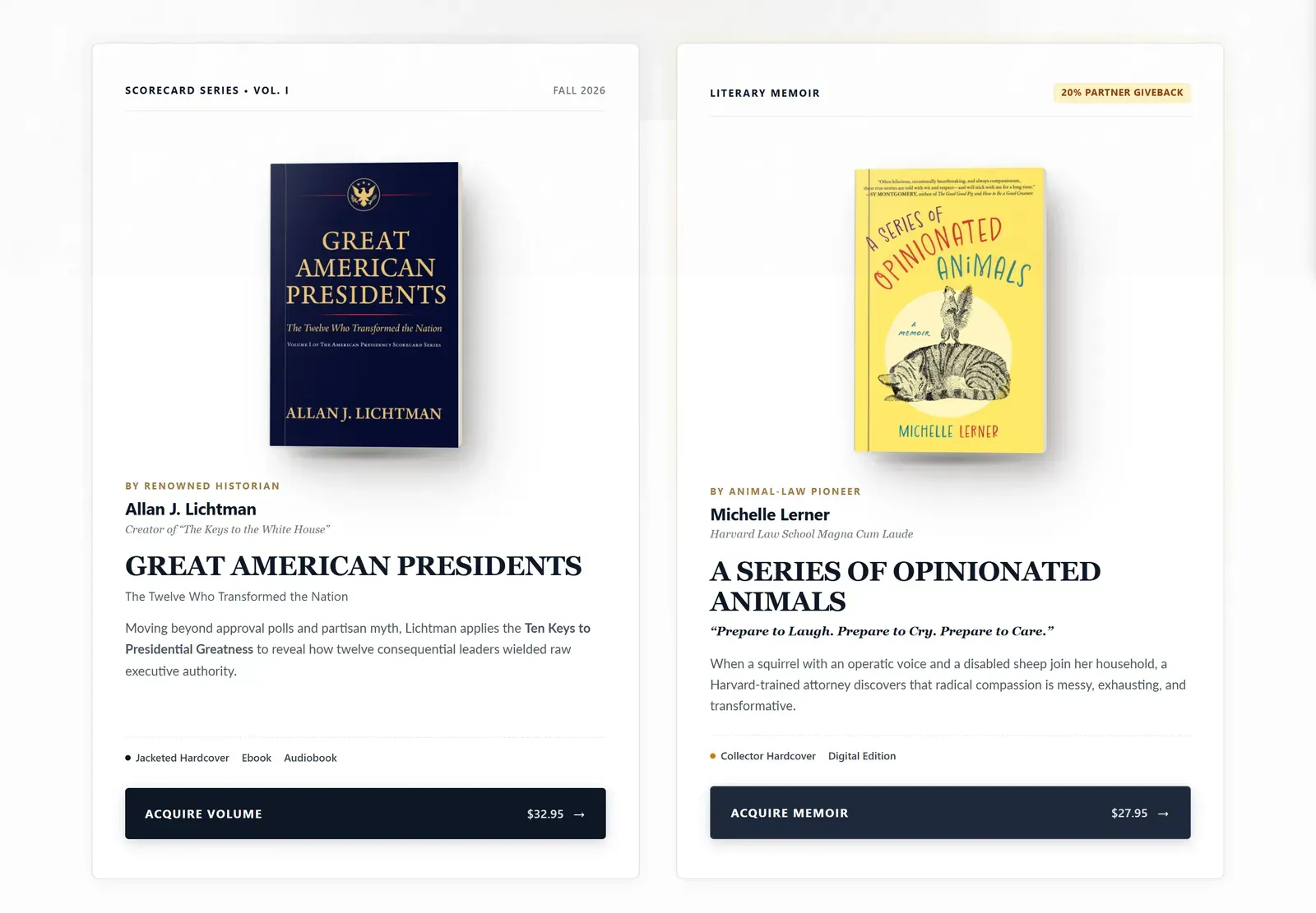 Homepage cards for Great American Presidents and A Series of Opinionated Animals, each with author, formats and an order button