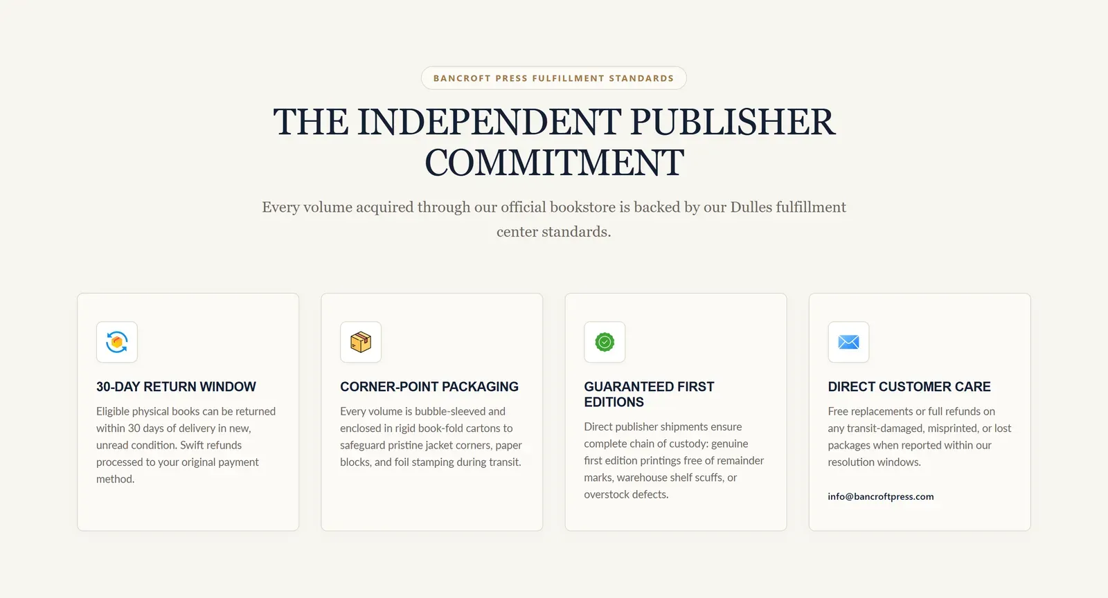 Fulfilment standards: 30-day returns, corner-point packaging, guaranteed first editions and direct customer care