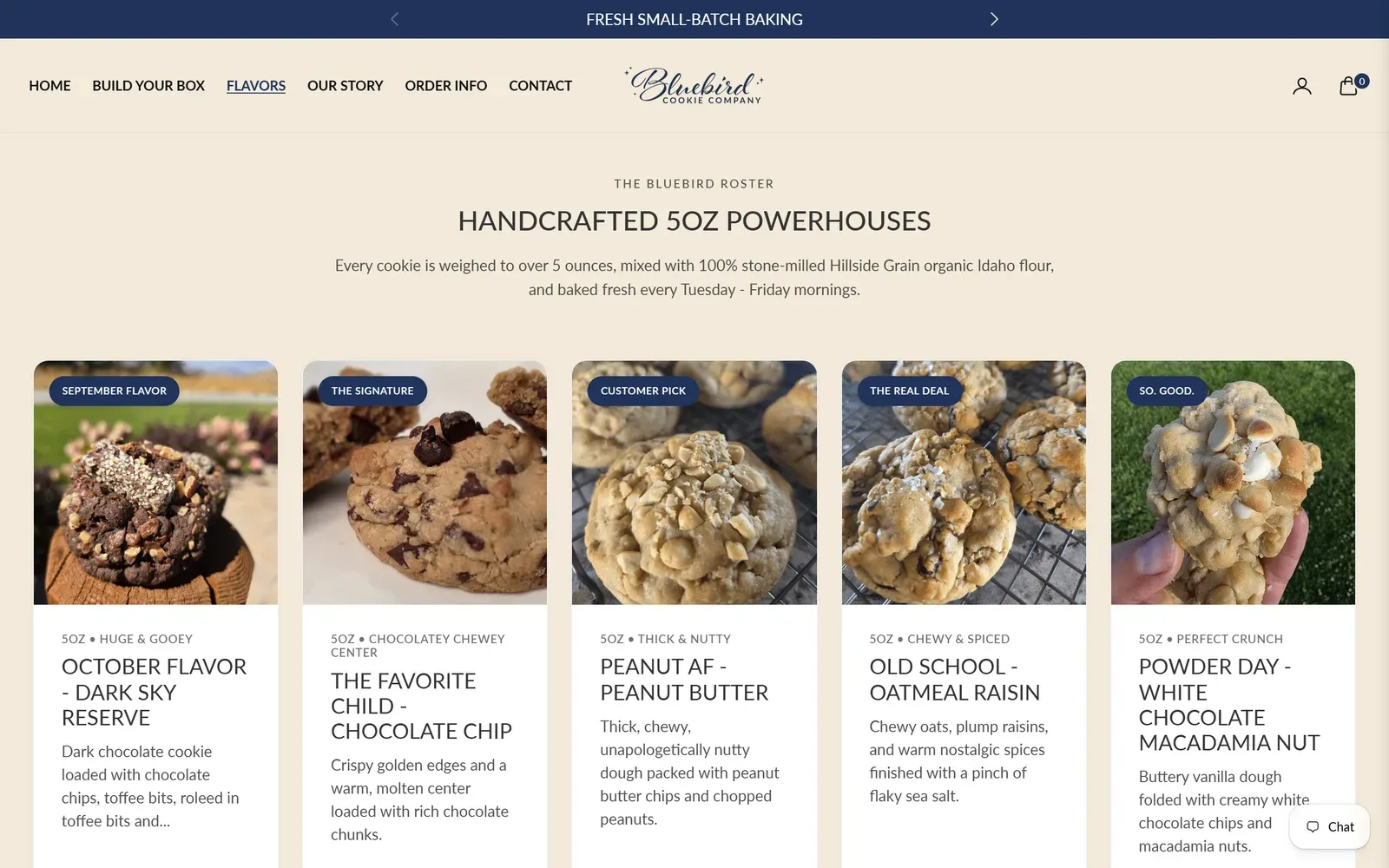 Five cookie flavors in cards, from the October special to white chocolate macadamia nut, each with a short description