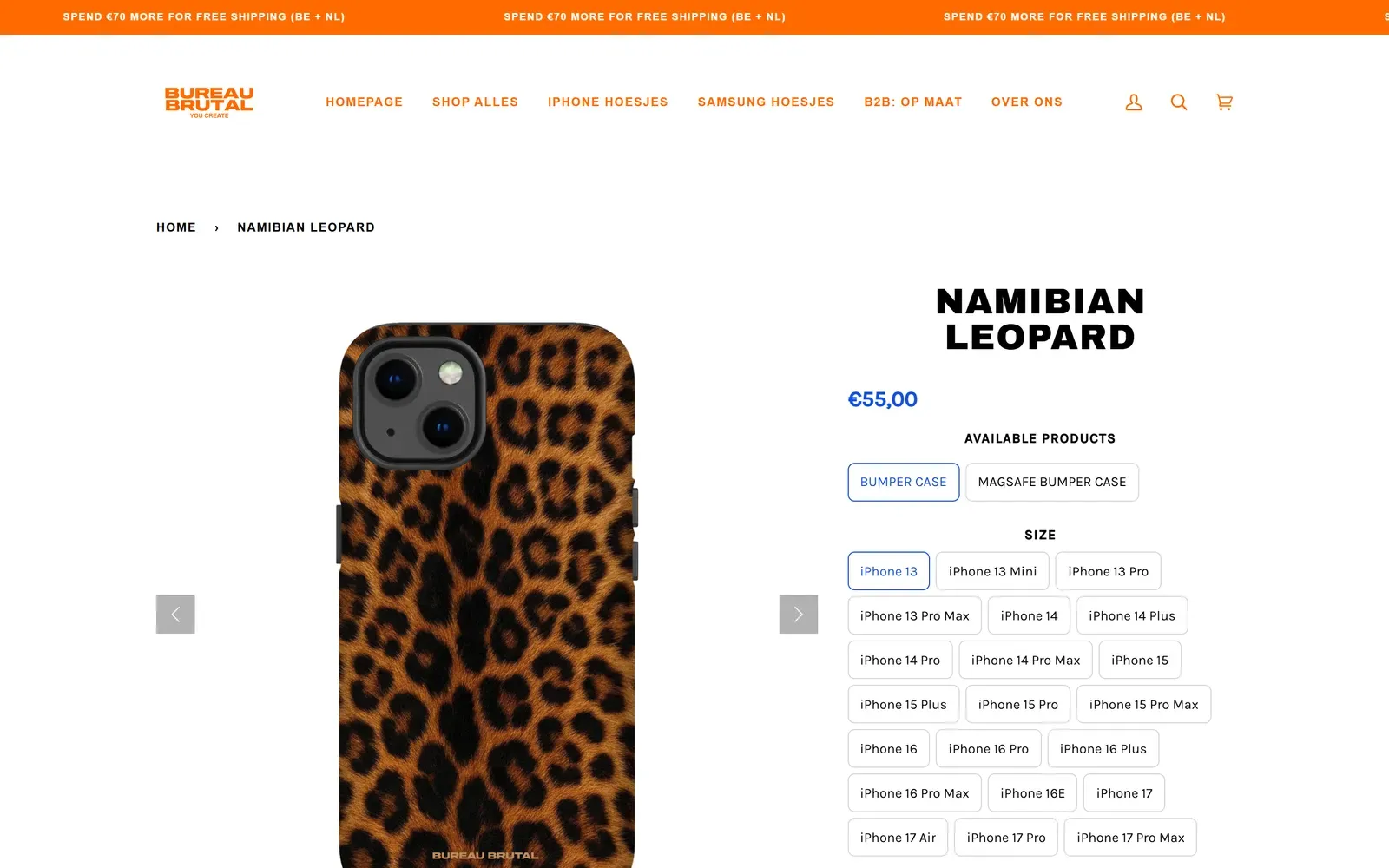 Bureau Brutal product page with case type and phone model options