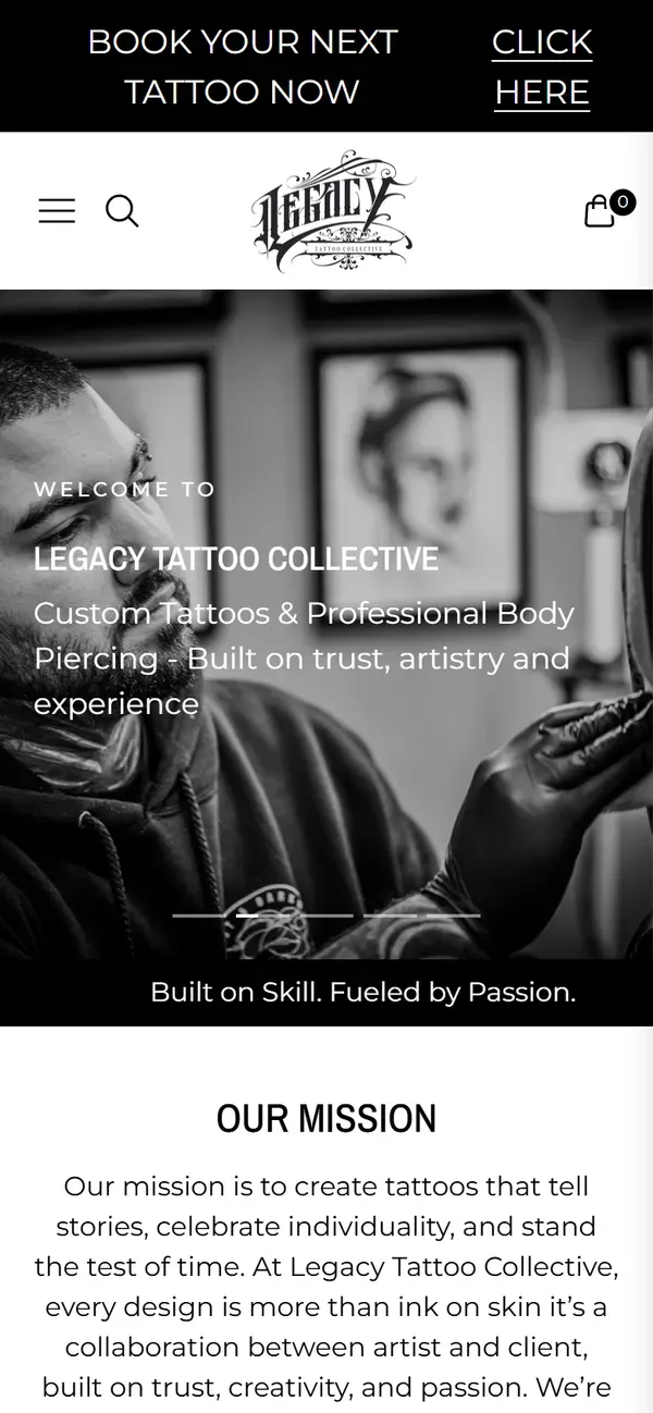 Legacy Tattoo Collective's Shopify store on mobile