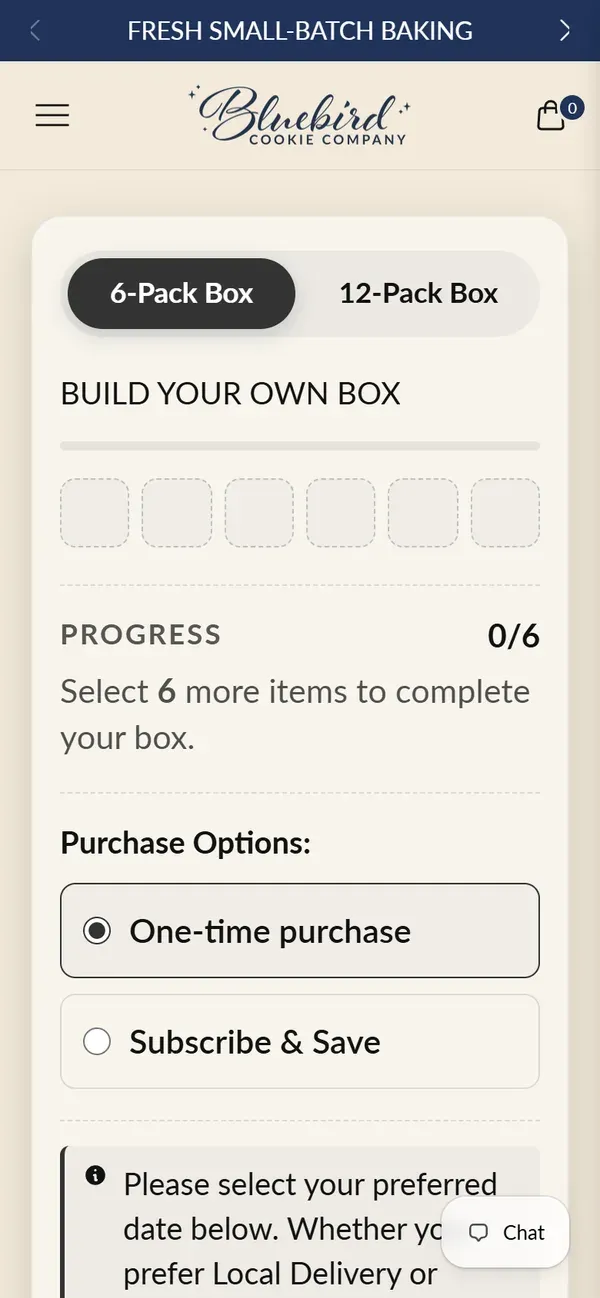 The box builder on a phone: 6-pack and 12-pack options, a progress counter at 0 of 6, and one-time or Subscribe & Save options