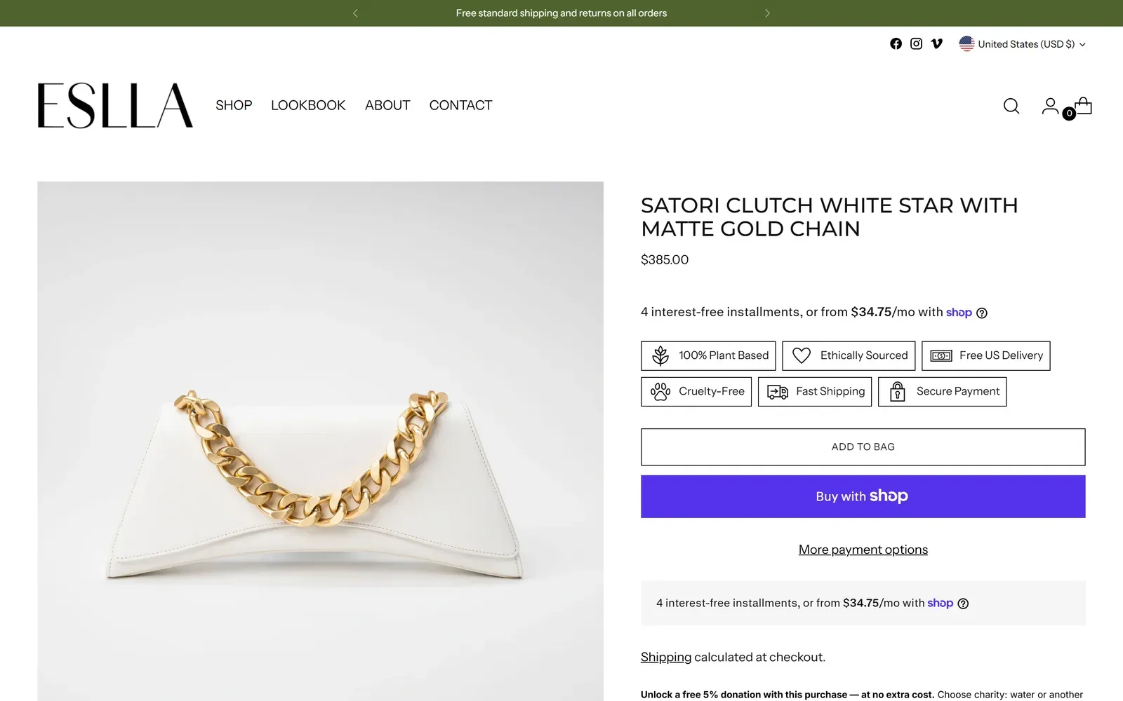 ESLLA product page for the Satori clutch with large photography and the add to bag button beside it