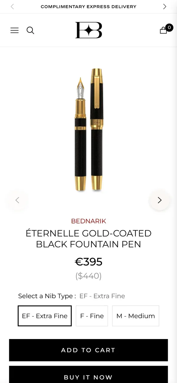 A black fountain pen with its price, nib type options and Add to cart and Buy it now buttons