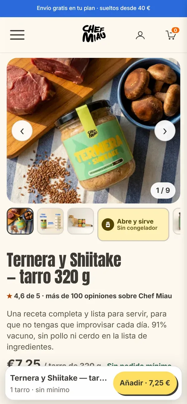 Chef Miau product page on mobile