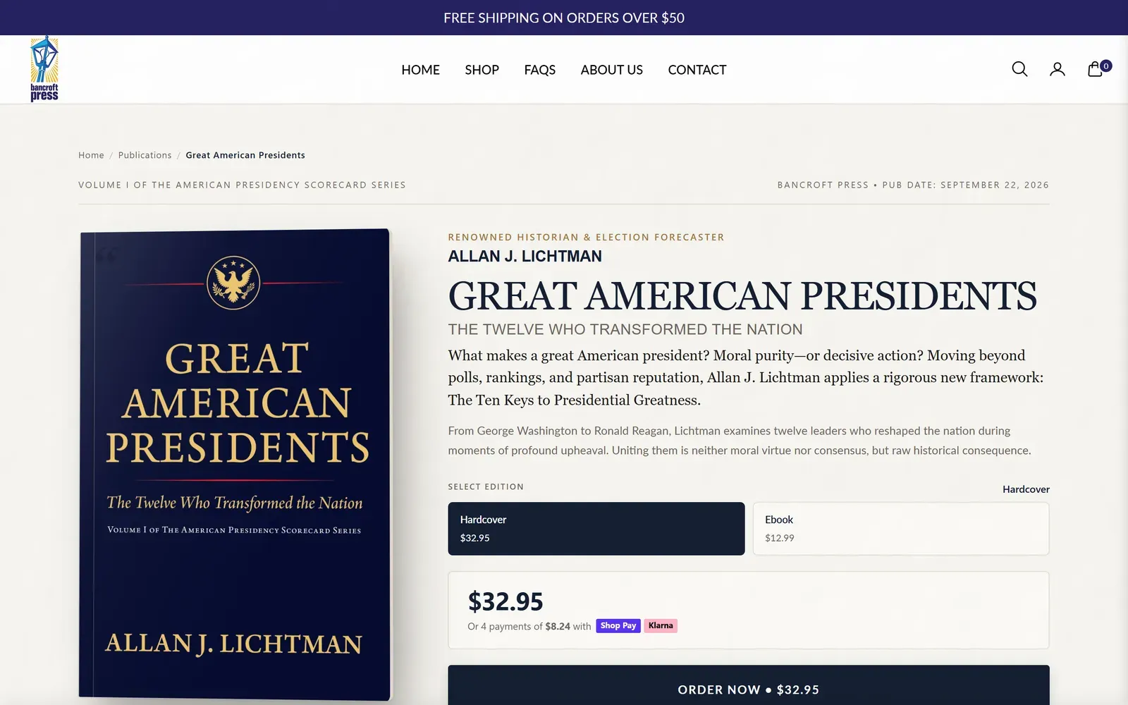 Book page for Great American Presidents with an edition selector, installment pricing and a sticky order bar