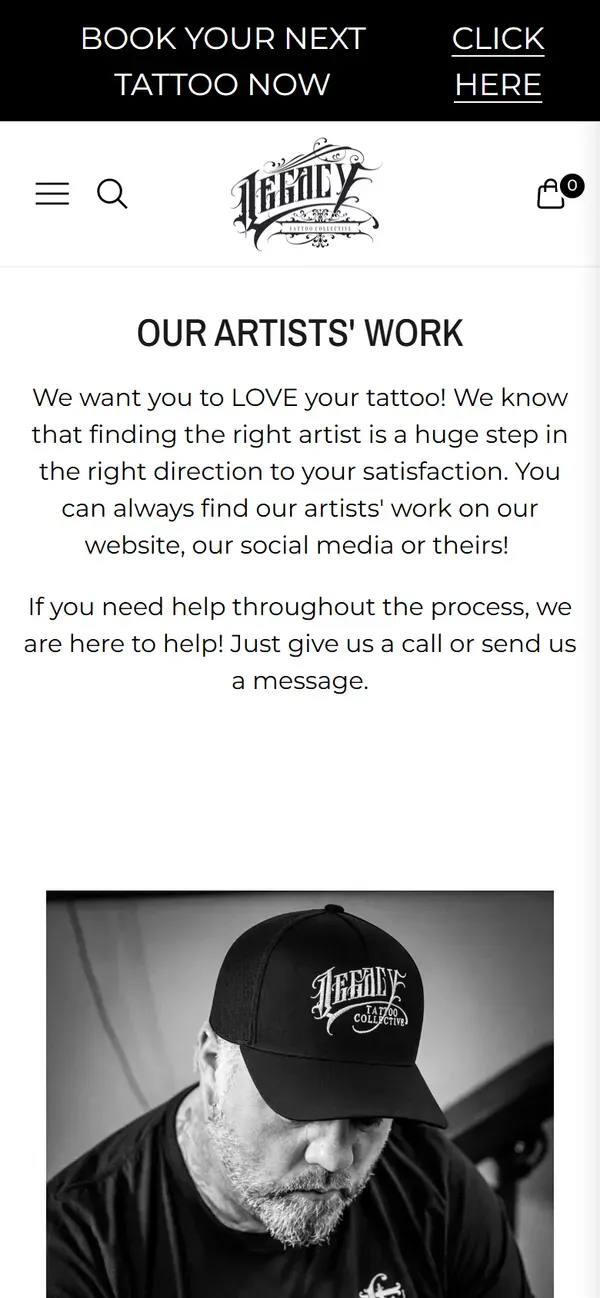 Legacy Tattoo Collective artist gallery on mobile