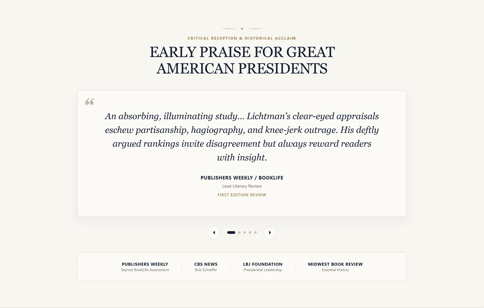 Early praise section with a Publishers Weekly review and a press strip naming CBS News, the LBJ Foundation and Midwest Book Review