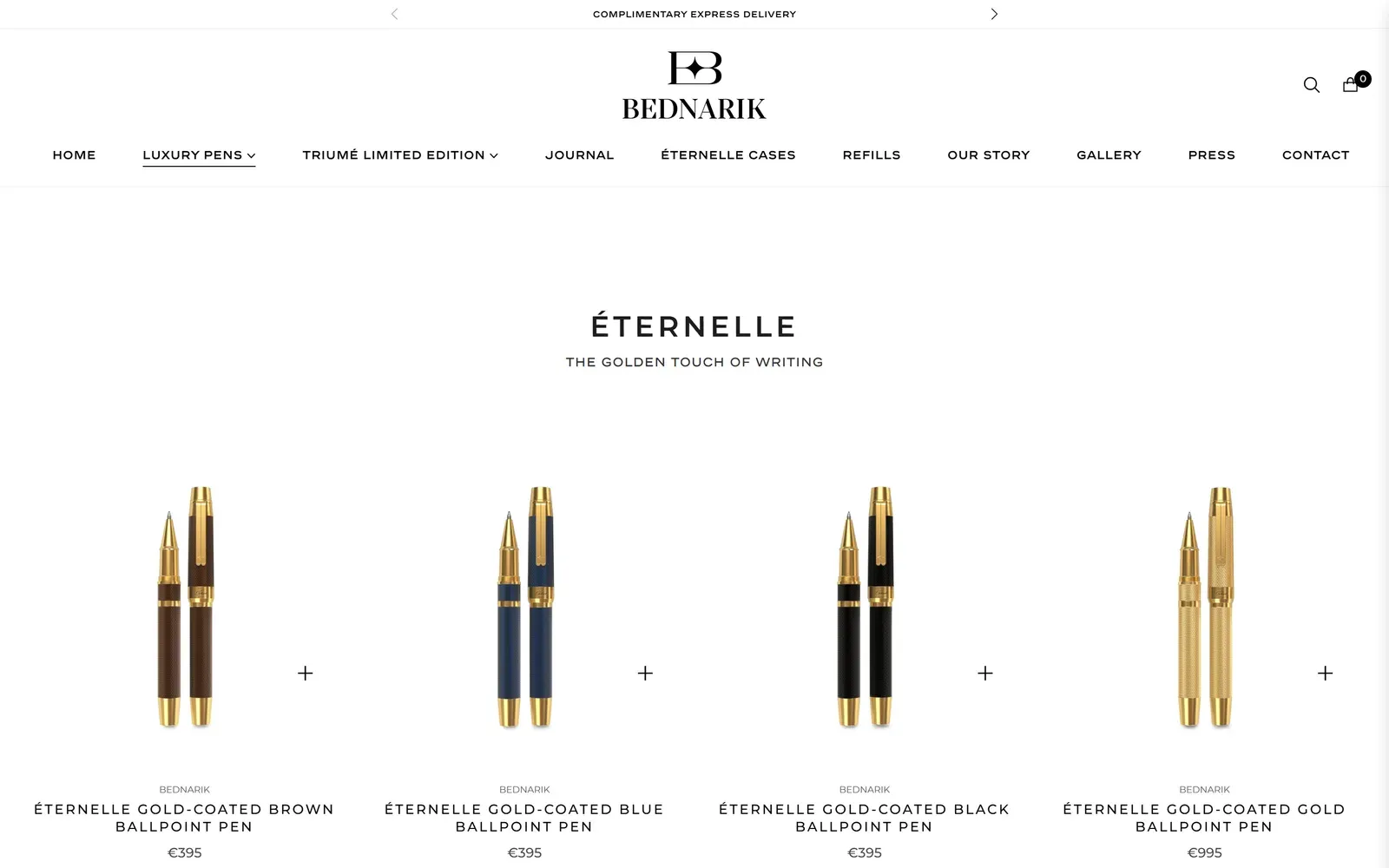 Four Éternelle ballpoint pens in brown, blue, black and gold, under the heading The golden touch of writing