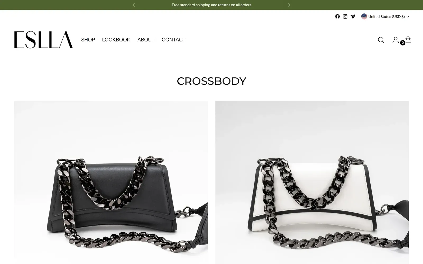 ESLLA crossbody collection page with large product photography