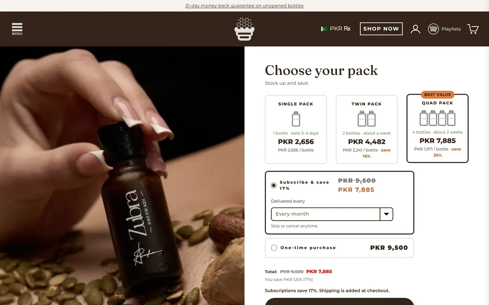 ZubraCore4 product page with single, twin and quad packs and a subscribe and save option