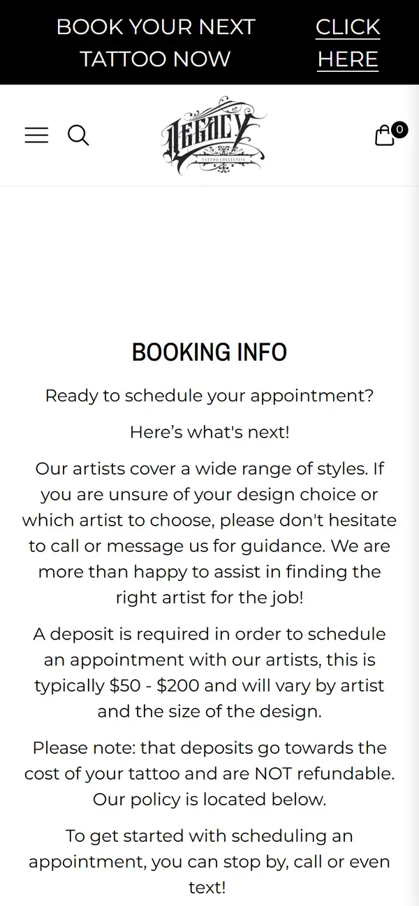 Legacy Tattoo Collective booking information on mobile