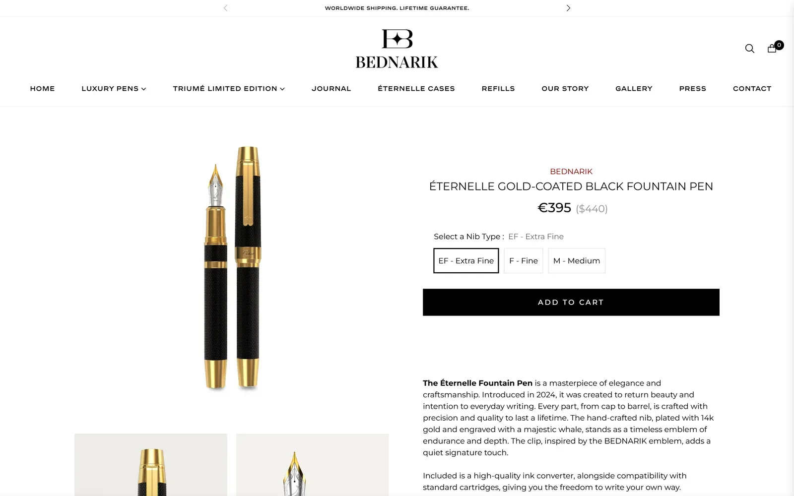 The Éternelle Gold-Coated Black Fountain Pen at 395 euros, with extra fine, fine and medium nib options and an Add to cart button