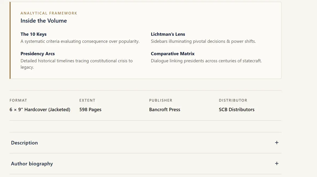Inside the Volume highlights, a format and specification row, and Description and Author biography panels