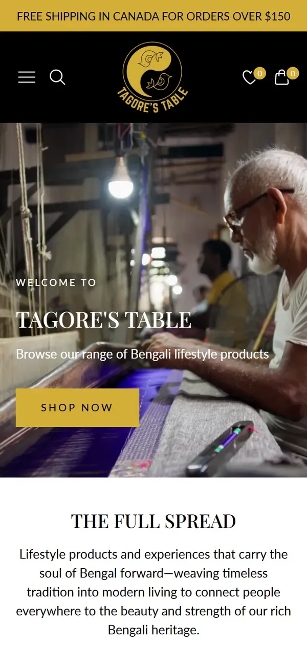Tagore's Table's Shopify store on mobile