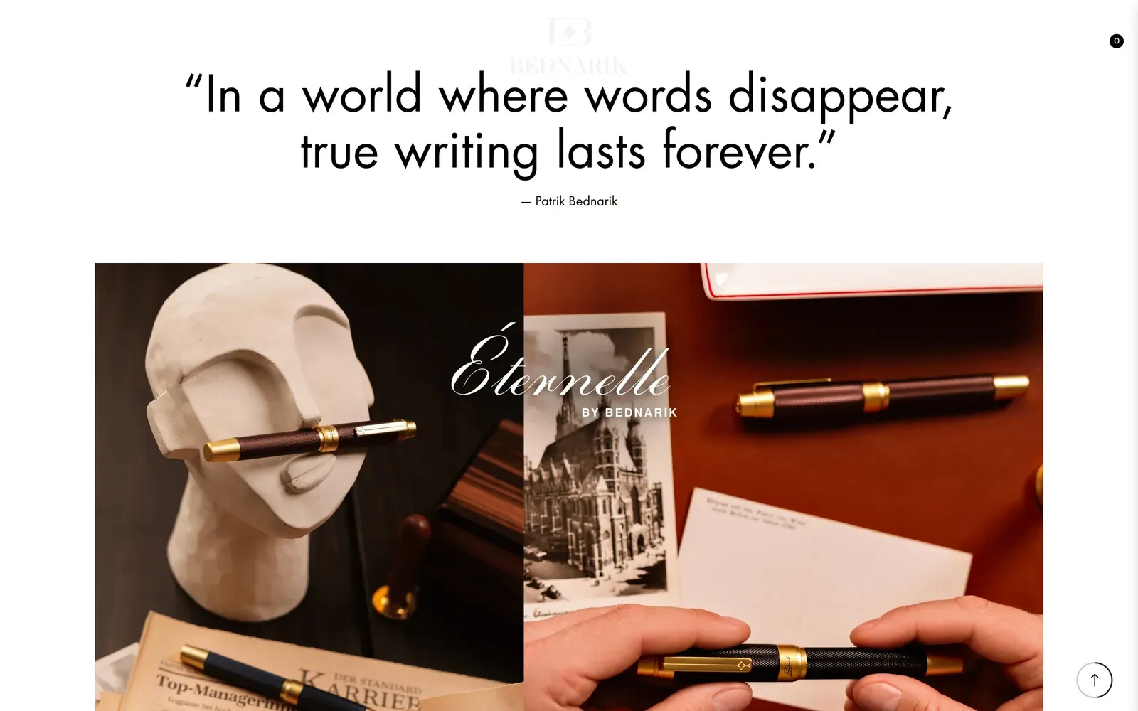 A quote from the founder above a photo banner of Éternelle pens on a desk with old postcards