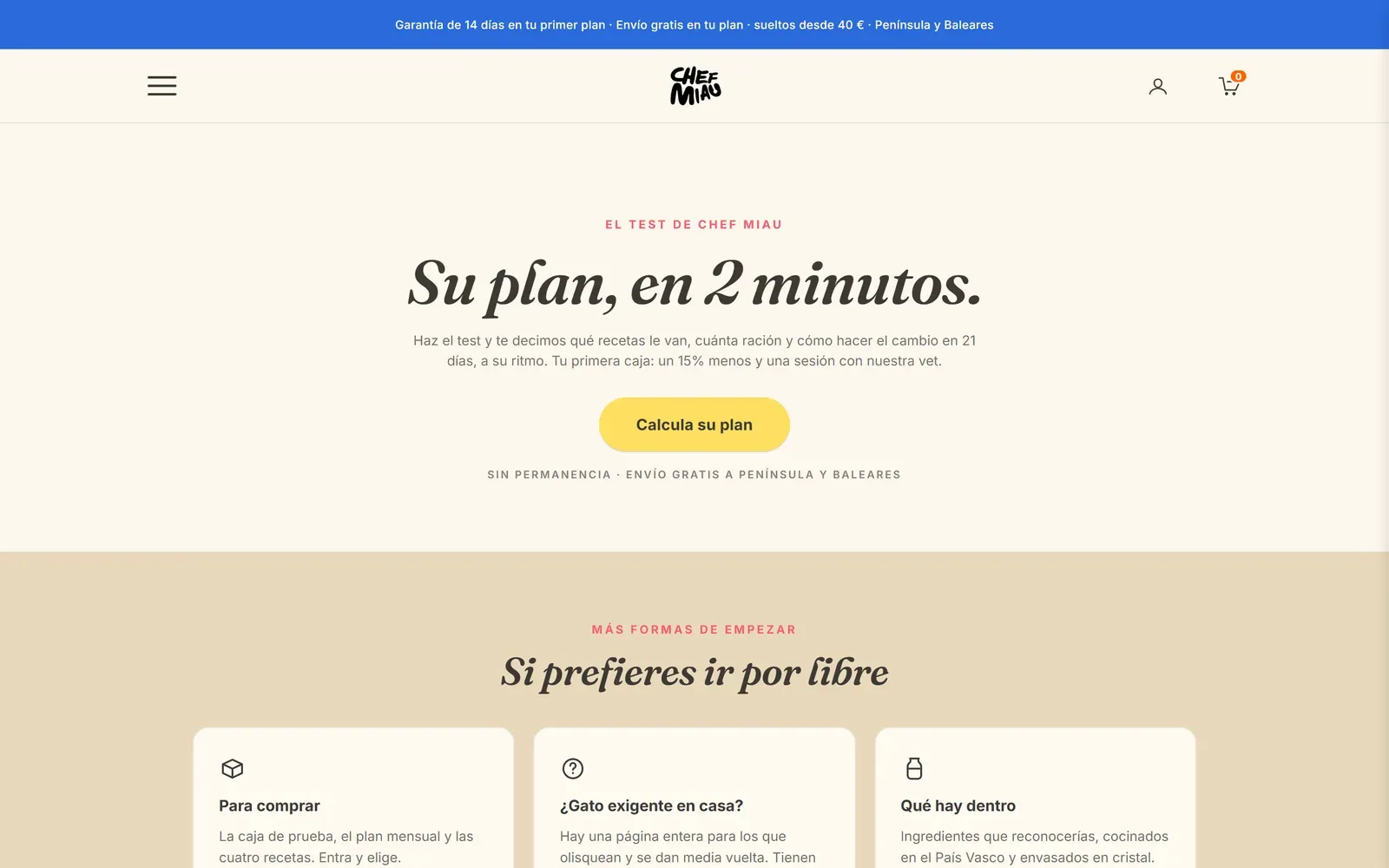 Chef Miau page inviting shoppers to calculate their cat's plan in two minutes