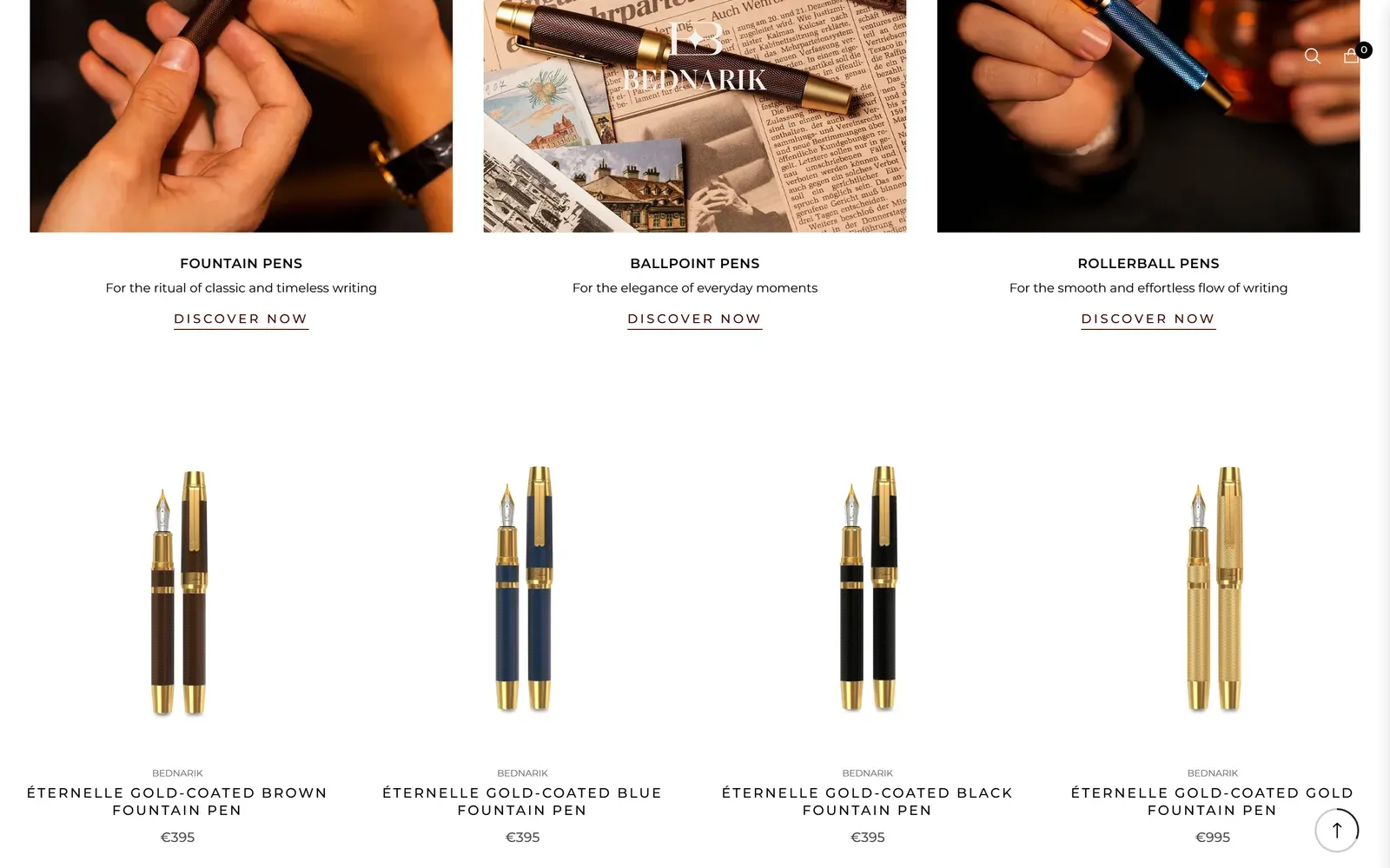 Three photos introducing fountain, ballpoint and rollerball pens, each with a Discover now link, above a row of fountain pens