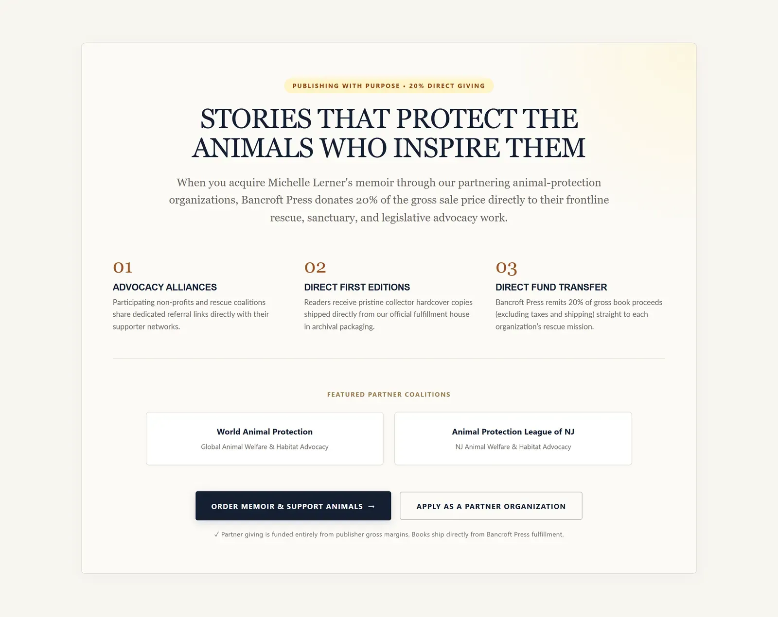 Publishing with purpose section explaining the partner giveback, with featured partner organizations and an application button