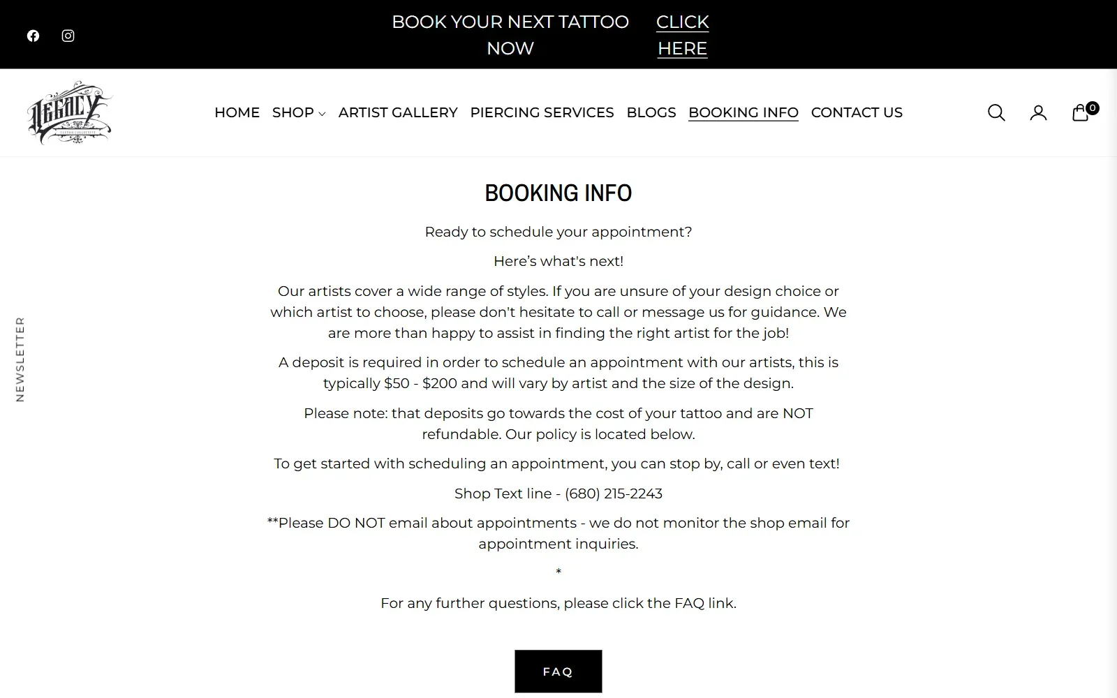 Legacy Tattoo Collective booking information page with deposit details