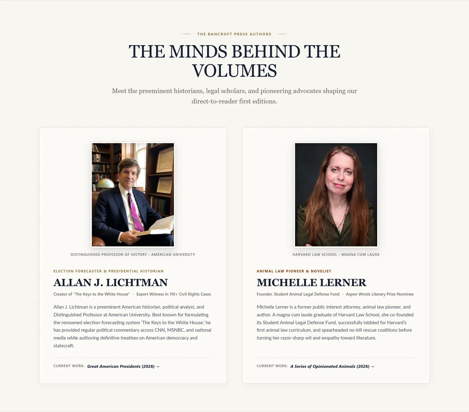 Author profiles for Allan J. Lichtman and Michelle Lerner with credentials and links to their books