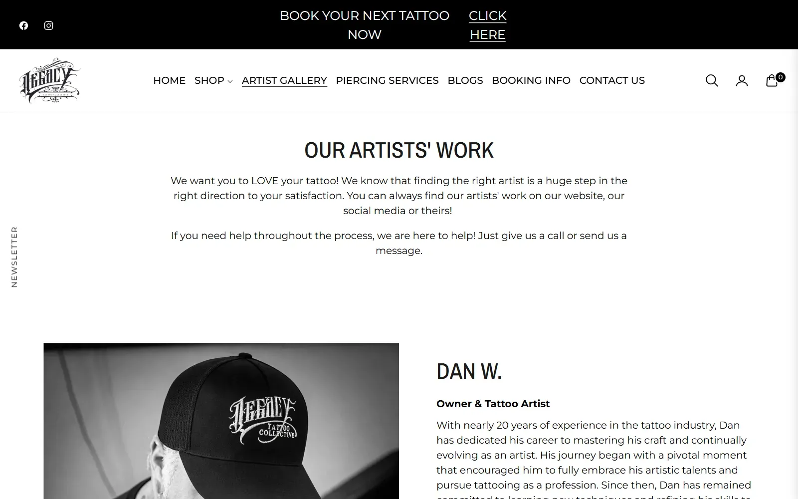 Legacy Tattoo Collective artist gallery with the owner's photo and bio