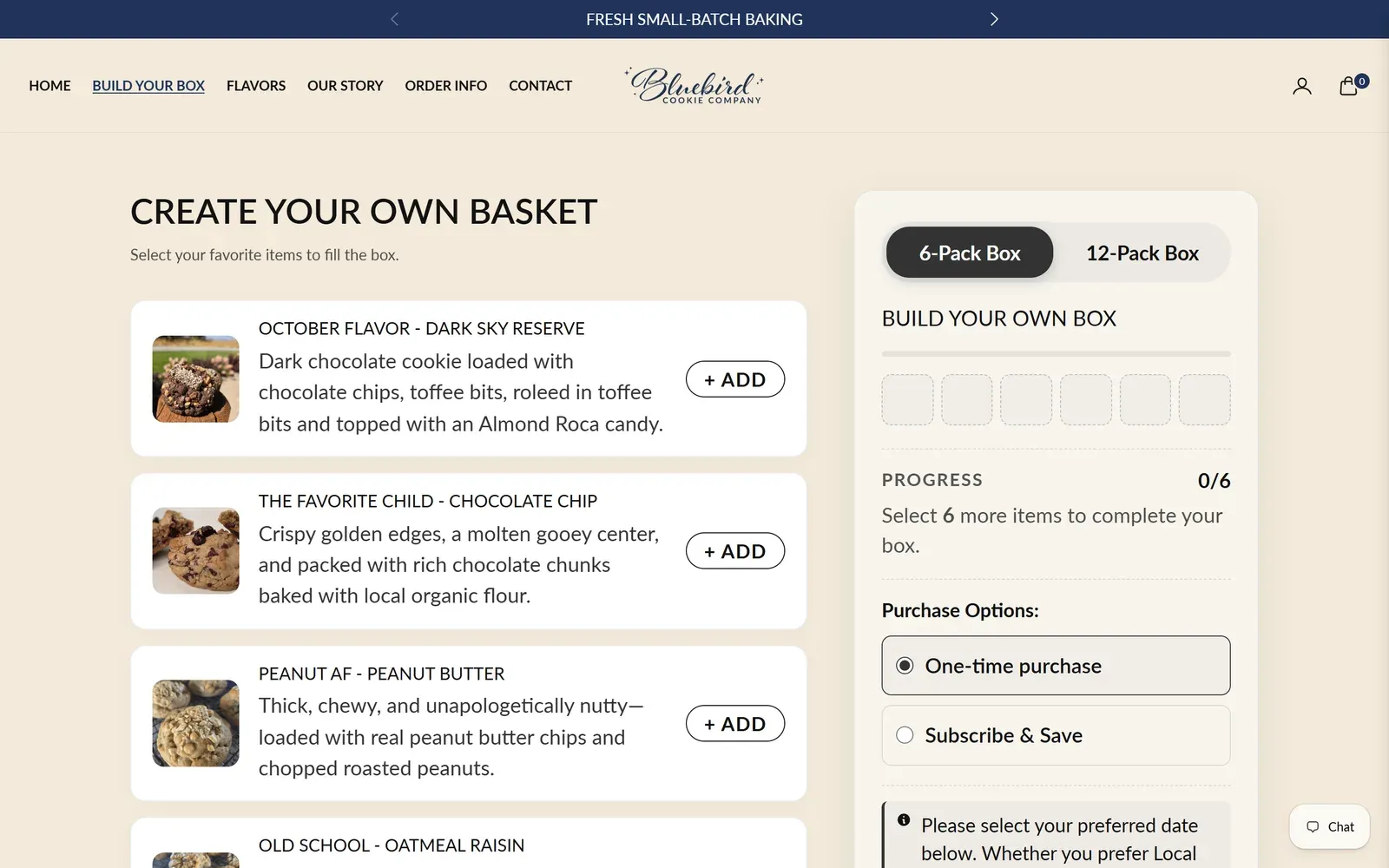 The Create your own basket page: cookie flavors with Add buttons, beside a 6-pack box with a progress bar and purchase options